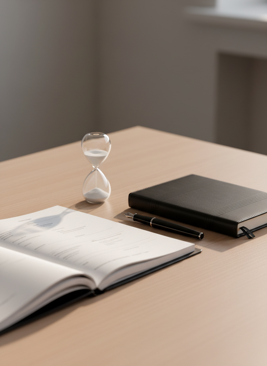 A professional, minimalist desktop scene representing psychological legal expertise: an open, neatly organized legal case file with crisp, unmarked pages beside a high-quality closed notebook, a sleek black fountain pen, and a simple sand timer. Everything rests on a light wood desk against a soft, out-of-focus neutral background. Soft studio lighting from the left creates gentle highlights on the paper edges and pen, casting calm, controlled shadows. The mood is orderly, trustworthy, and precise. Shot at eye level with a shallow depth of field, the focus is on the case file and notebook, evoking structured evaluation and expert psychological reporting in a clean, photographic realism style.