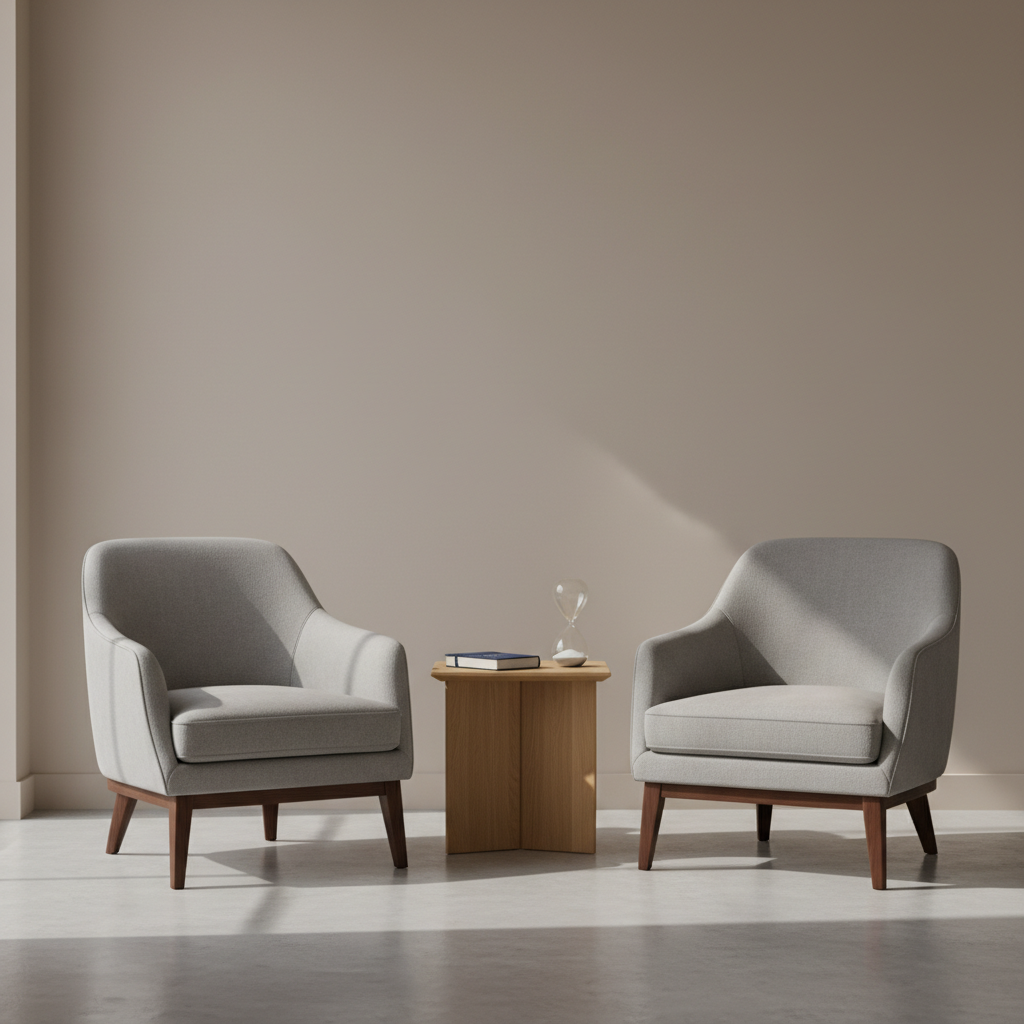 A clean, contemporary consultation workspace symbolizing psychological assessment in the legal context: two modern, cushioned armchairs facing each other with an empty space between them, separated by a low, minimalist wooden side table holding a single closed notebook and an elegant hourglass. Background elements are soft and neutral, with no wall decorations or text. Diffused daylight from a large unseen window creates soft, even illumination and subtle, reassuring shadows. Photographed at eye level with a balanced, centered composition and moderate depth of field, the scene conveys confidentiality, neutrality, and professionalism, aligned with a clinical yet welcoming psychological-legal practice.