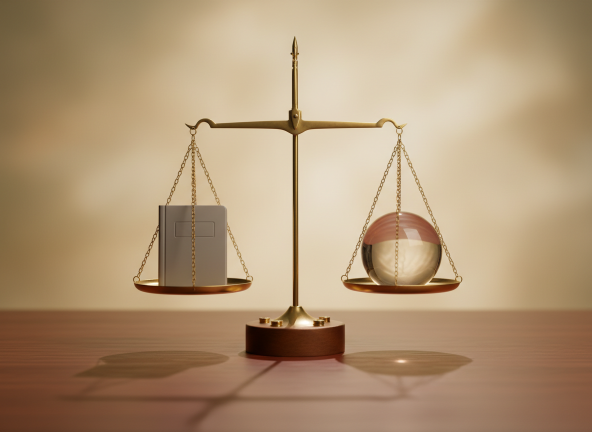 An abstract representation of decision-making in forensic psychology: a balanced brass scale placed on a smooth, dark wooden surface, one side holding a closed grey notebook, the other holding a clear glass sphere, both symbolic rather than literal. The background is softly blurred in warm neutral tones, with no visible text or symbols. Warm, directional lighting from the right produces subtle reflections on the metal and glass, casting elongated, calm shadows. Photographed straight-on at eye level with centered composition and a slightly shallow depth of field, the image conveys balance between science and judgment, objectivity, and ethical responsibility within legal psychology.