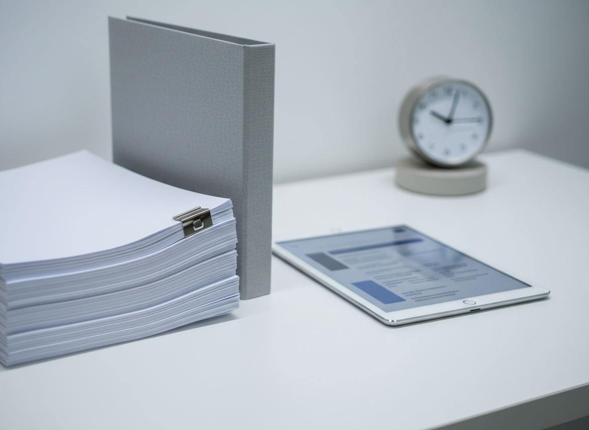 A close-up of an uncluttered white desk arranged to represent psychological reports for the courts: a stack of pristine, clipped documents, a subtle grey binder, and a slim digital tablet displaying a softly blurred, structured report layout with no readable text. A simple metal desk clock in the background suggests precision and deadlines. Cool, diffused studio lighting from above and slightly to the right creates a balanced, professional tone with crisp but gentle shadows. Shot from a slightly elevated angle with sharp focus on the documents, the composition emphasizes rigor, technical expertise, and meticulous forensic psychological evaluation in a photographic, minimalist aesthetic.