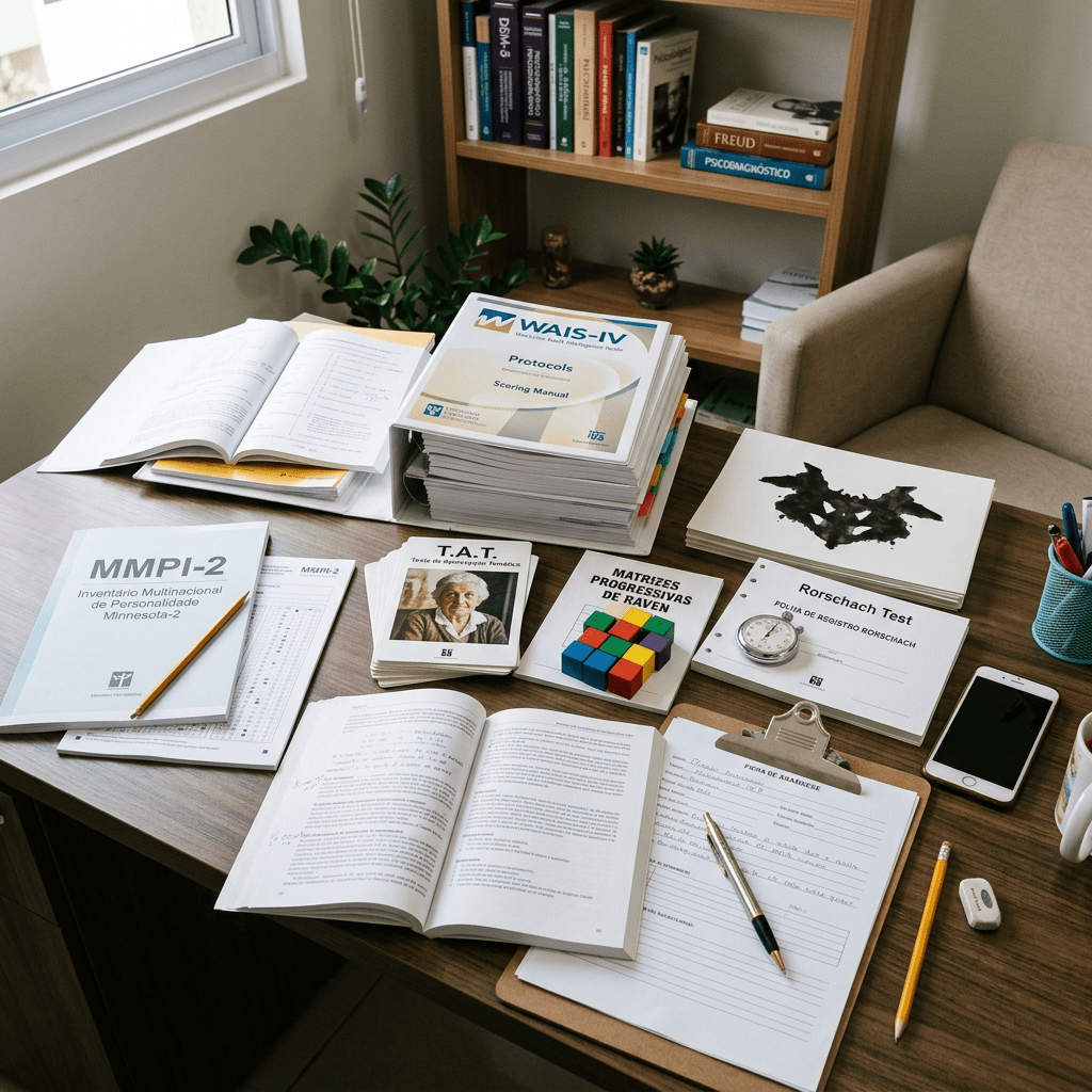 Desk with psychological test books, manuals, and evaluation materials including WAIS-IV, MMPI-2, TAT, Raven matrices, and Rorschach test.
