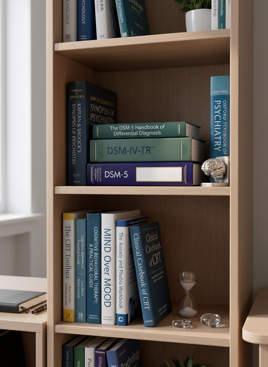 Books on psychiatry and cognitive behavioral therapy including DSM and Oxford textbook, with a small brain model and hourglass on shelf